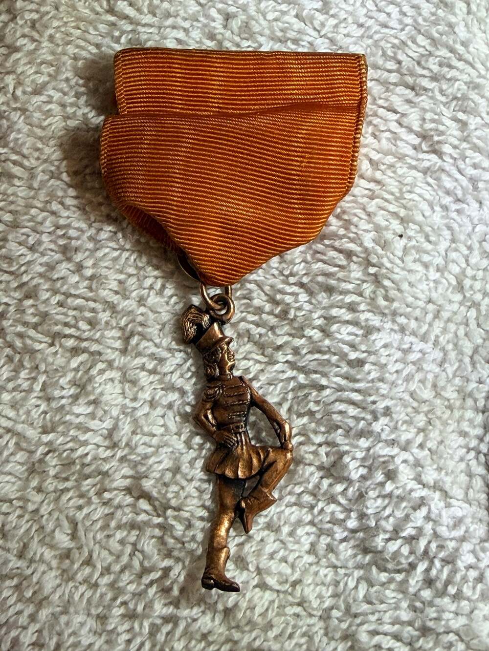 Vintage Majorette Baton Twirler Figural Medal Orange Ribbon Bronze Tone Charm